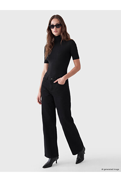 LC Waikiki Alita City Lcw Modest Black Denim Straight Wideleg High Waist Wide...