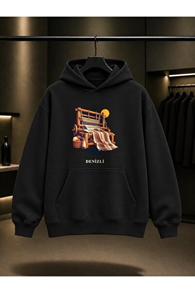 fame-stoned Denizli Buldan Woven Printed Unisex 100% Cotton Hooded Sweatshirt