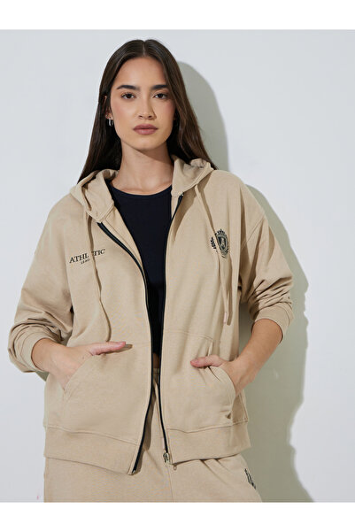 Styli Beige Printed Zip-Up Longlined Oversized Hoodie