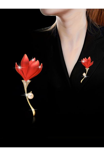 Take Two By Styli Gold-Tone Red Flower Brooch With Pearl Accent