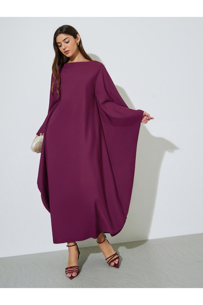 Styli Purple Solid Batwing Sleeves Maxi Kaftan Dress