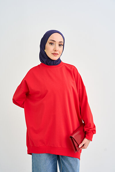 LOCCO Kadın Bisiklet Yaka Oversize Sweatshirt Kırmızı