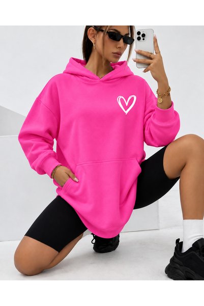 HAI COLLECTİON Women's Sweatshirt 3 Thread Heart Printed Oversize Hoodie with...