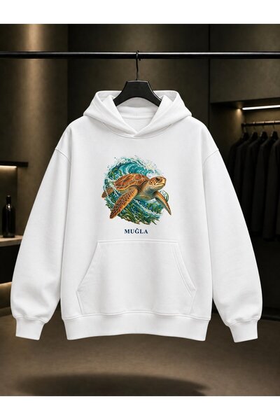 fame-stoned Muğla Caretta Caretta Printed Unisex 100% Cotton Hooded Sweatshirt