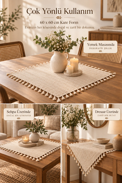 Morlay Pamuklu Monika Masa Ortası Örtüsü 60x60 cm – 4 Tarafı Püsküllü Kare Dekoratif Örtü