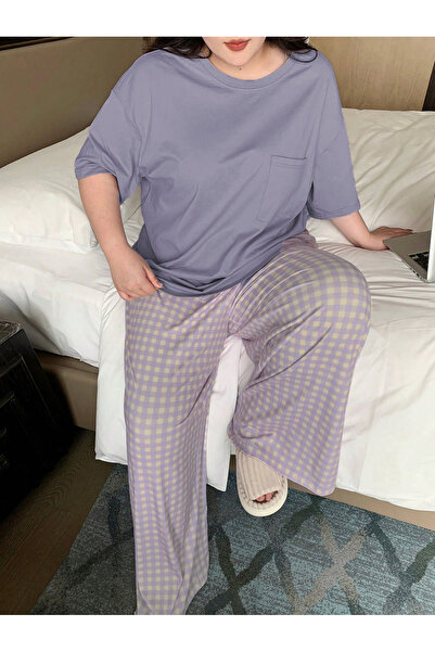 Take Two By Styli Plus Size Checked Pyjama Set - Short Sleeve Tee and Full Le...