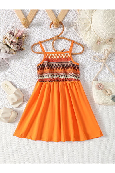 Take Two By Styli فستان قصير برتقالي للفتيات بتصميم A-Line مع جزء علوي محبوك ...