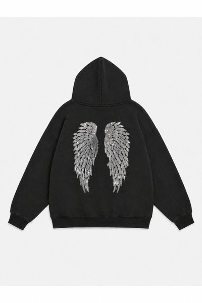 claine Siyah Oversize Kadın Wing Baskılı Sweatshirt