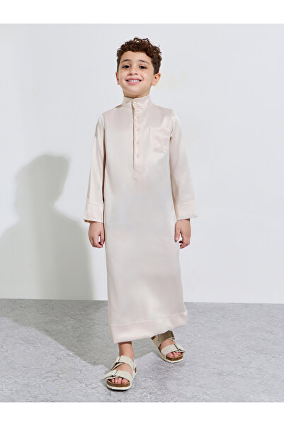 Amirah By Styli Boys Beige Solid Band Collar Full Length Thobe