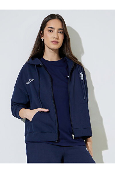 Styli Dark Blue Printed Zip-Up Longlined Oversized Hoodie