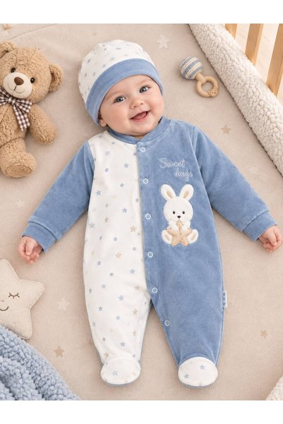 Sönmez Baby SWEET HUGS KIŞLIK KADİFE TULUM VE ŞAPKASI UNİSEX İKİLİ BEBE TAKIMI