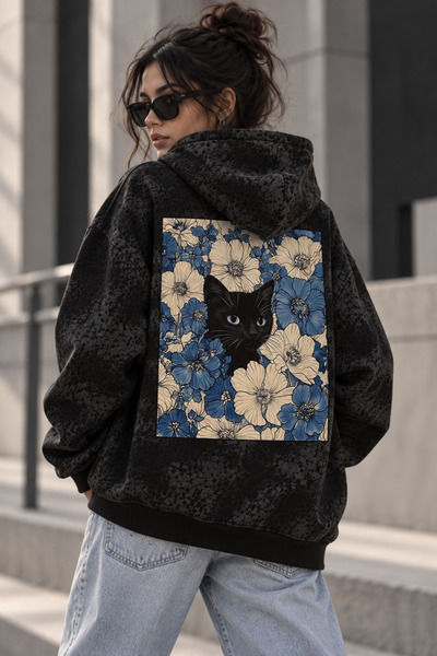 ZEMLİYA Kadın Oversize Yıkamalı Baskılı Kapüşonlu Sweatshirt Ön ve Sırt Baskı...