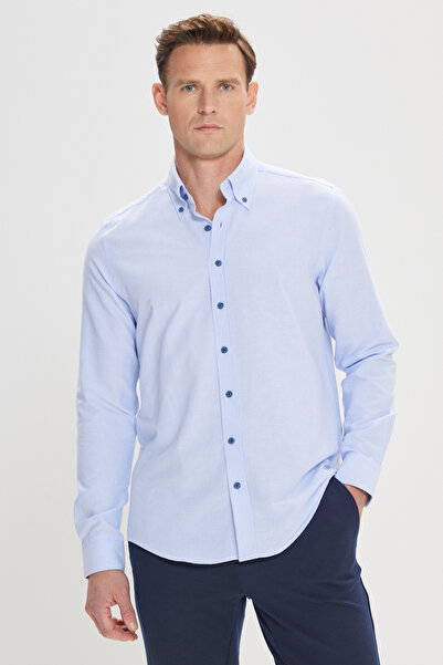 ALTINYILDIZ CLASSICS Men's Light Blue Slim Fit Button-Down Collar Cotton Oxfo...