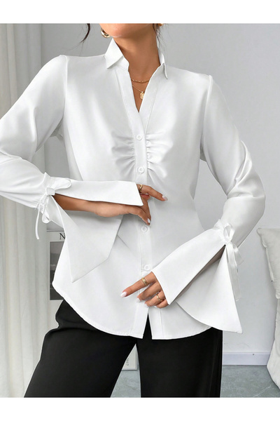 Take Two By Styli White Long Sleeve Collared Blouse with Ruched Detail