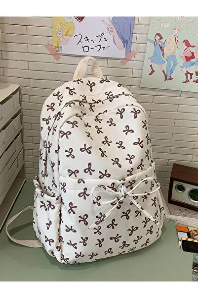 Take Two By Styli OffWhite Bow Print Backpack