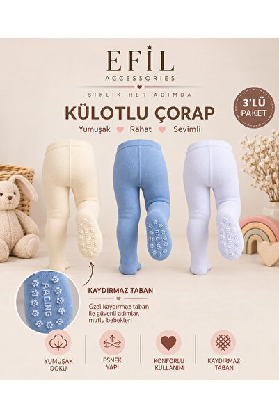 EFİLACCESSORİES Erkek Bebek Külotlu Çorap 3'lü Paket ABS Kaydırmaz Tabanlı Yu...
