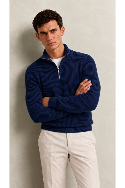 viyamen Men's Half Zipper Mock Neck Corded Fabric Slim Fit Knitwear Sweater