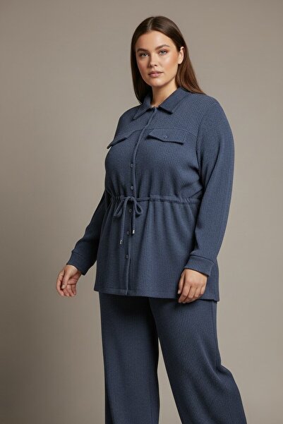 RMG Waist-Tied, Stretchy, Crinkled Fabric, Plus Size Top-Bottom Set, Indigo