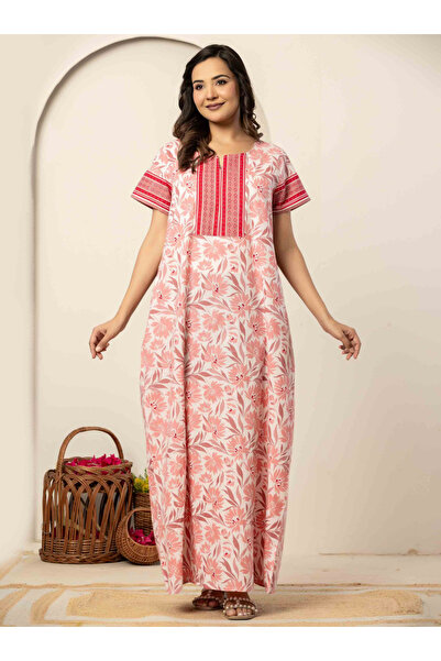NIHSAMAH By Styli Pink Floral Print Short-Sleeve Cotton Nightdress