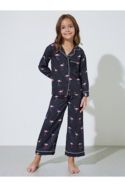 Styli Girls Black Flamingo Print Shirt and Pants Pyjama Set