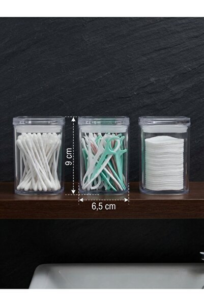 İndecor Houseware 3'lü Şeffaf Kapaklı Akrilik Diş Ipi & Kulak Pamuğu & Pamuk & Makyaj Pamuğu Banyo Seti Düzenleyici Banyo Organizeri