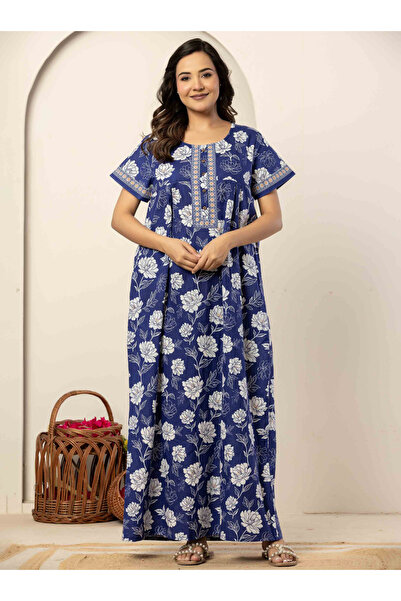 NIHSAMAH By Styli Floral Print Blue Cotton Short Sleeve Nightdress