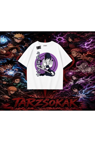 Tarzsokak Sasuke Uchiha Naruto Anime Character Oversize Unisex T-Shirt White