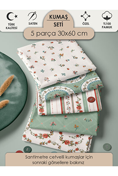 FabricMarket %100 Pamuk Kumaş Panel Seti 5 Farklı Desen 30x60 cm – Vintage Çi...