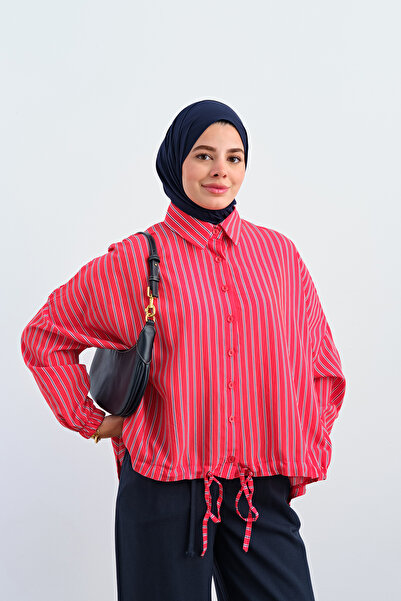 LOCCO Women's Elasticated Wrists, Balloon Sleeves, Adjustable Waist Shirt, Red