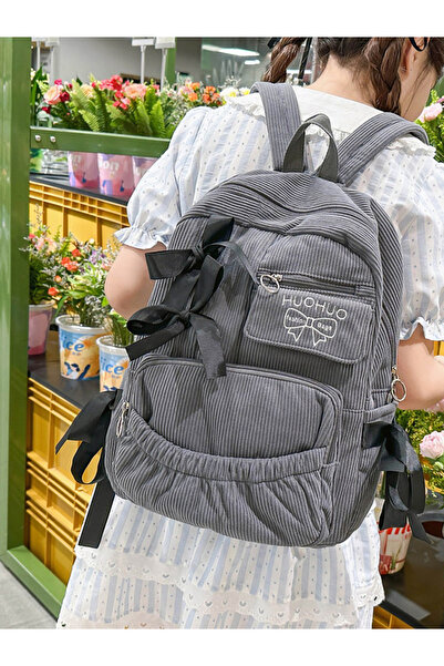 Take Two By Styli Grey Corduroy Backpack with Bow Accent