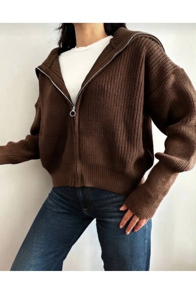 FLEX FASHION Women's Stretchy Knit Zip-Up Turn-Down Collar Soft Knitwear Cardigan Coffee