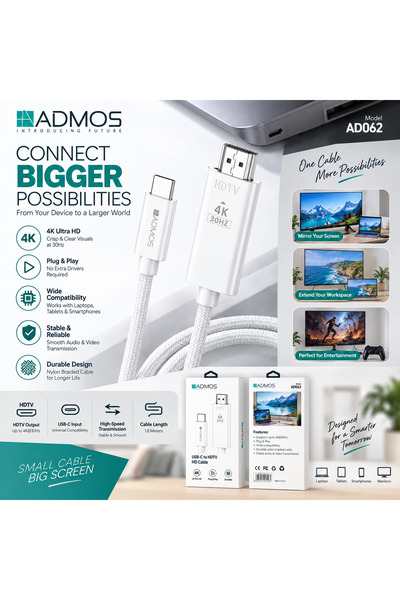 ADMOS كابل HDTV إلى USB-C |   كابل عرض HDMI بدقة 4K وتردد 30 هرتز للابتوب والشاشات والتلفزيونات وأجهزة العرض