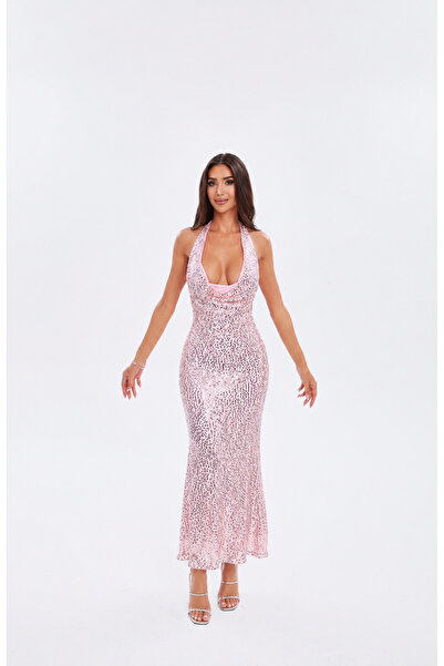 LeLure Atelier Kadın Pembe Payetli Halter Yaka Degaje Derin Göğüs Dekolteli S...