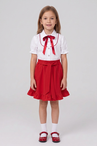 FATELLA Girls' Red Bowknot Red Piping Short Sleeve Shirt Red Bowknot Pocket R...