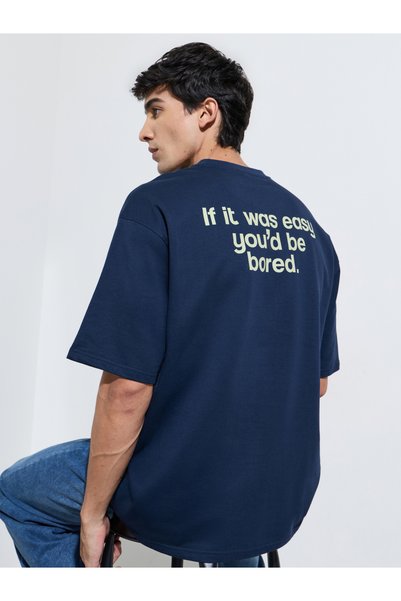 Styli Men Navy Blue Graphic Print Oversized T-Shirt