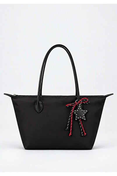 Madamra Black Women's Decorated Zippered Shopper Shoulder Bag