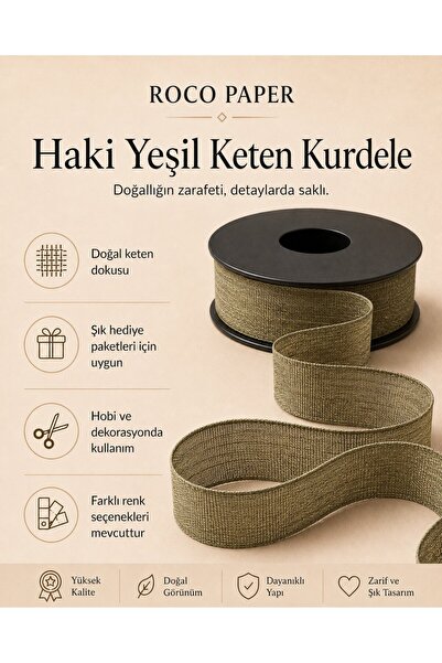 roco paper Khaki Green Linen Ribbon 2.5 cm X 20 Meters, Gift Wrapping and Hob...