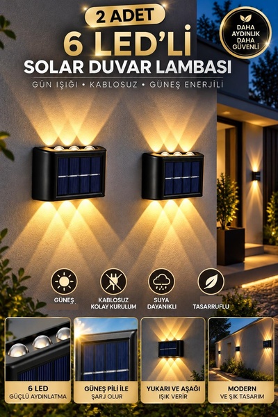 Kitchen Beauty 2 Adet 6 Ledli Yeni Model Solar Çift Taraflı Duvar Lambası Gün...