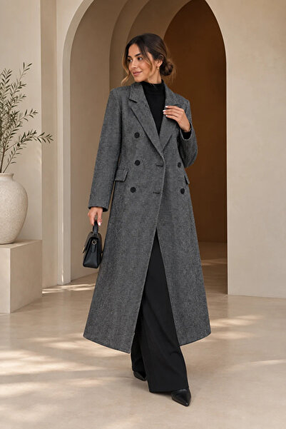 nazzain Black Long Coat with Herringbone Pattern