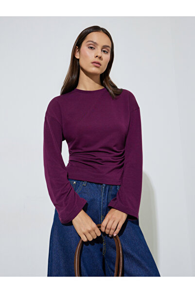 Styli Burgundy Solid Waist Cinched Round Neck T-Shirt