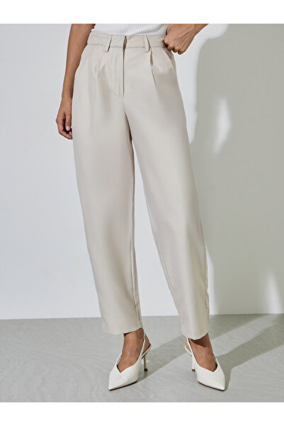 Styli Cream Solid Ankle Length Relaxed Fit Trousers
