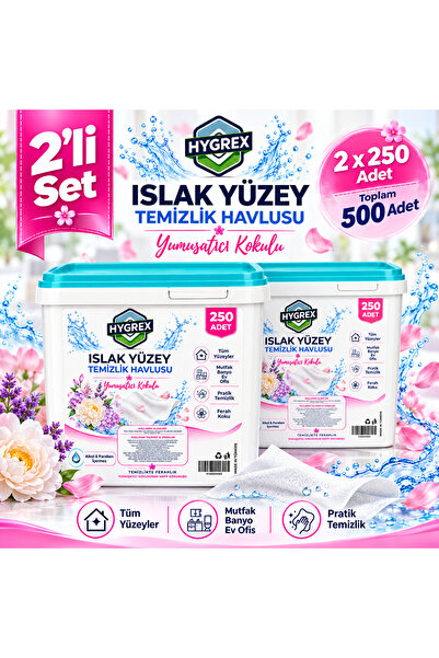 Yüzey Temizlik Havlusu Yumuşatıcı Kokulu 2li Set Islak Kova Mendil Ev Ofis Tüm Yüzeyler 2x250 Adet