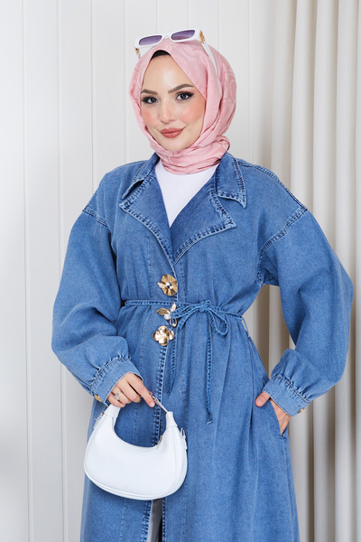 Pamuk Butik Kadın Kruvaze Yaka Cepli Denim Kot Kimono Kap