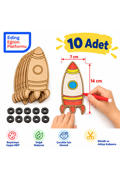 EDİNG EĞİTİM PLATFORMU Uzay Roket Ahşap Boyama Magnet STEM Seti- Montessori Aktivite Sanat Okul Öncesi Anaokulu Kreş Etkinlik Seti - 10lu Atölye Seti
