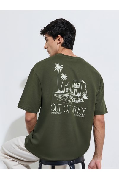 Styli Olive Green Graphic Print Crew Neck Oversized T-Shirt