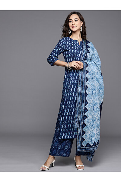 Libas By Styli Blue Printed Cotton Straight Kurta, Palazzo and Dupatta Set