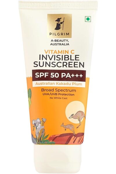 Pilgrim واقي شمس غير مرئي بفيتامين سي SPF 50 PA+++ للنساء والرجال مع برقوق كا...
