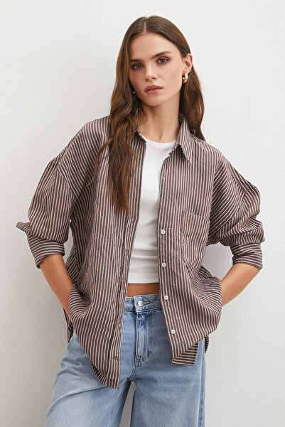 NEVERMORE Striped Oversize Shirt Brown