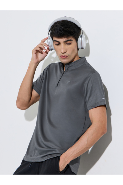 Styli Charcoal Solid High Neck Zip Active T-Shirt