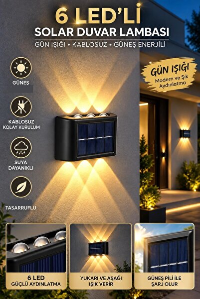 Kitchen Beauty 6 Ledli Yeni Model Solar Çift Taraflı Duvar Lambası Güneş Ener...